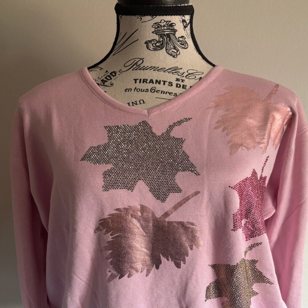 Kingsland Vintage-Inspired Leaf Embellished Sweater, Size XL, Pastel Pink